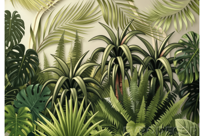 Тропически фототапет с палми и монстера в наситени зелени тонове